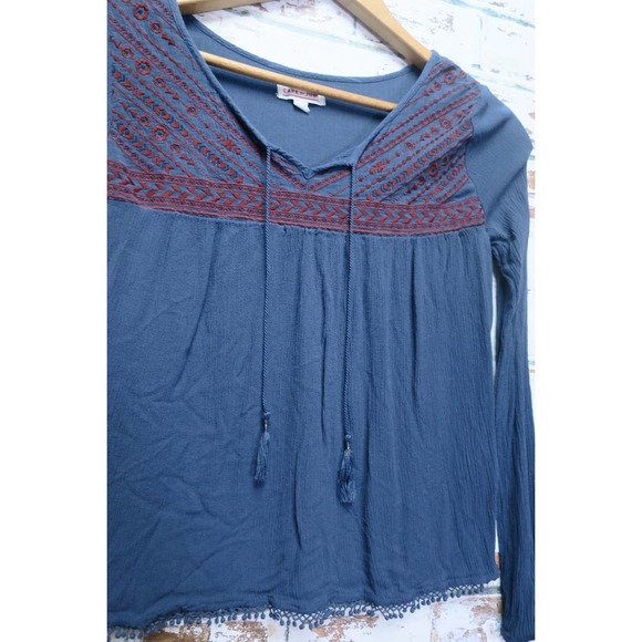 Cape Juby Flowing Long Sleeve Embroidered Tassle Peasant Boho Blouse - Picture 4 of 9